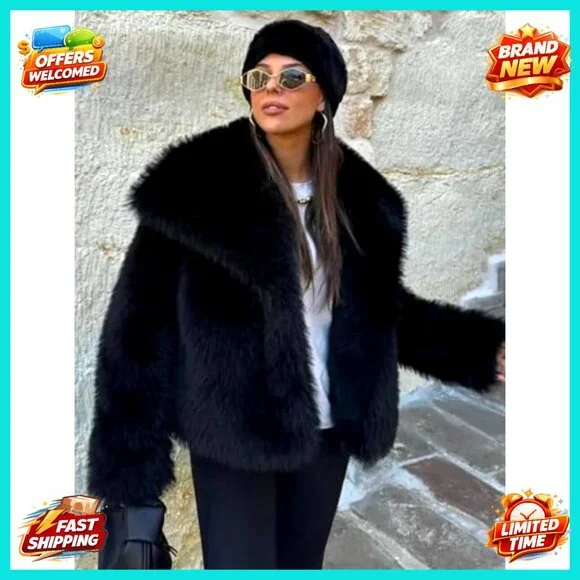 Faux Fur Jacket Oversized Lapel Collar Winter Coat Chic Y2K Retro Style - Picture 3 of 7